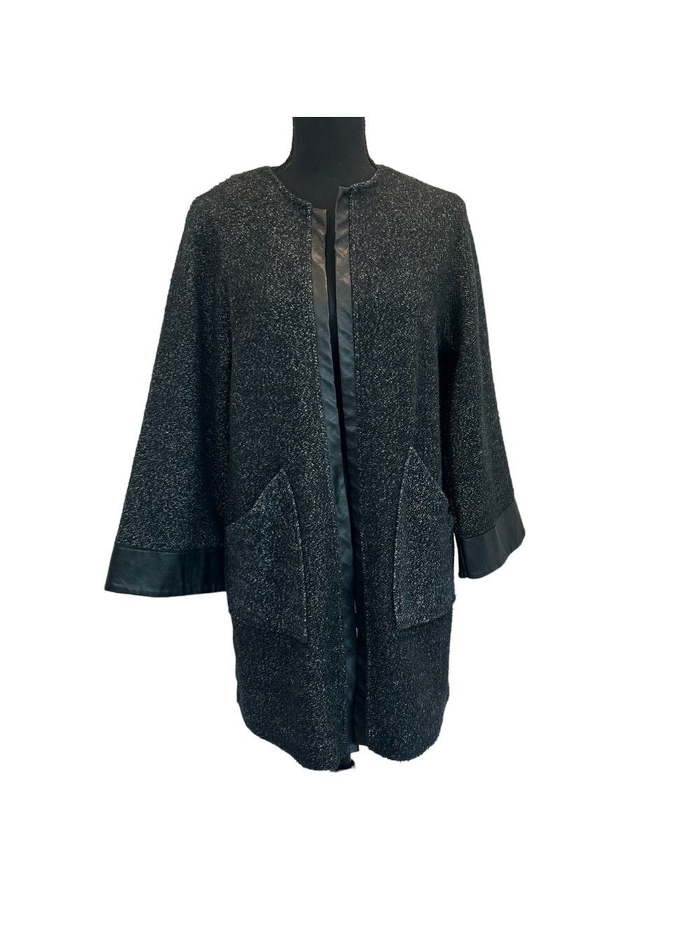 Zara Collection gray black Open Front Faux Leather Trim Cardigan Sweater Sz M